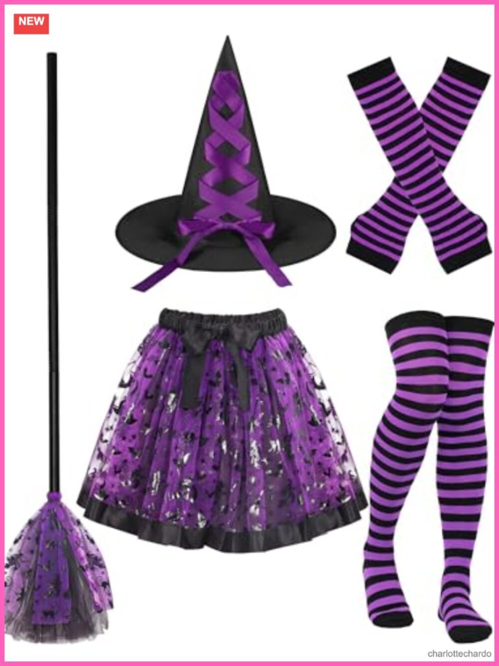 Witch Costume Set 5 Pcs Tutu Skirt Striped Socks Gloves Hat Broom Halloween